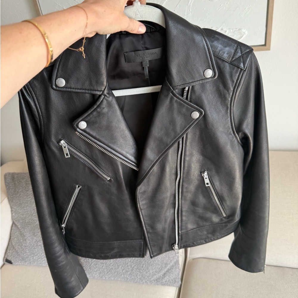Rag & Bone Black Leather Moto Jacket with Asymmetrical Zipper